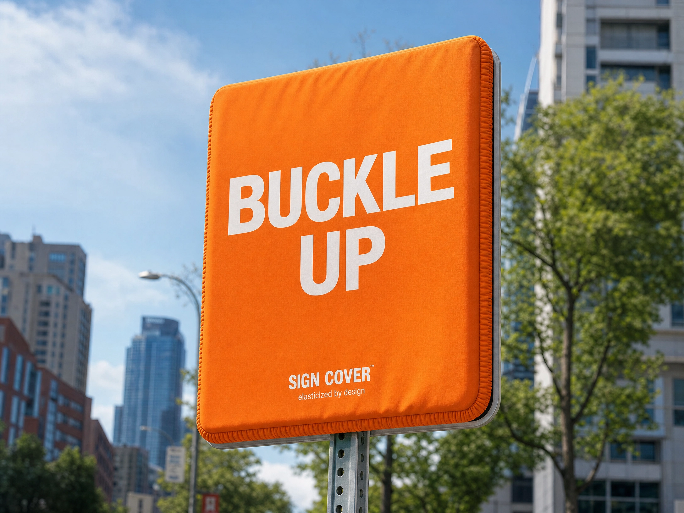 Installed orange Smart Sign Cover reading BUCKLE UP on a city street