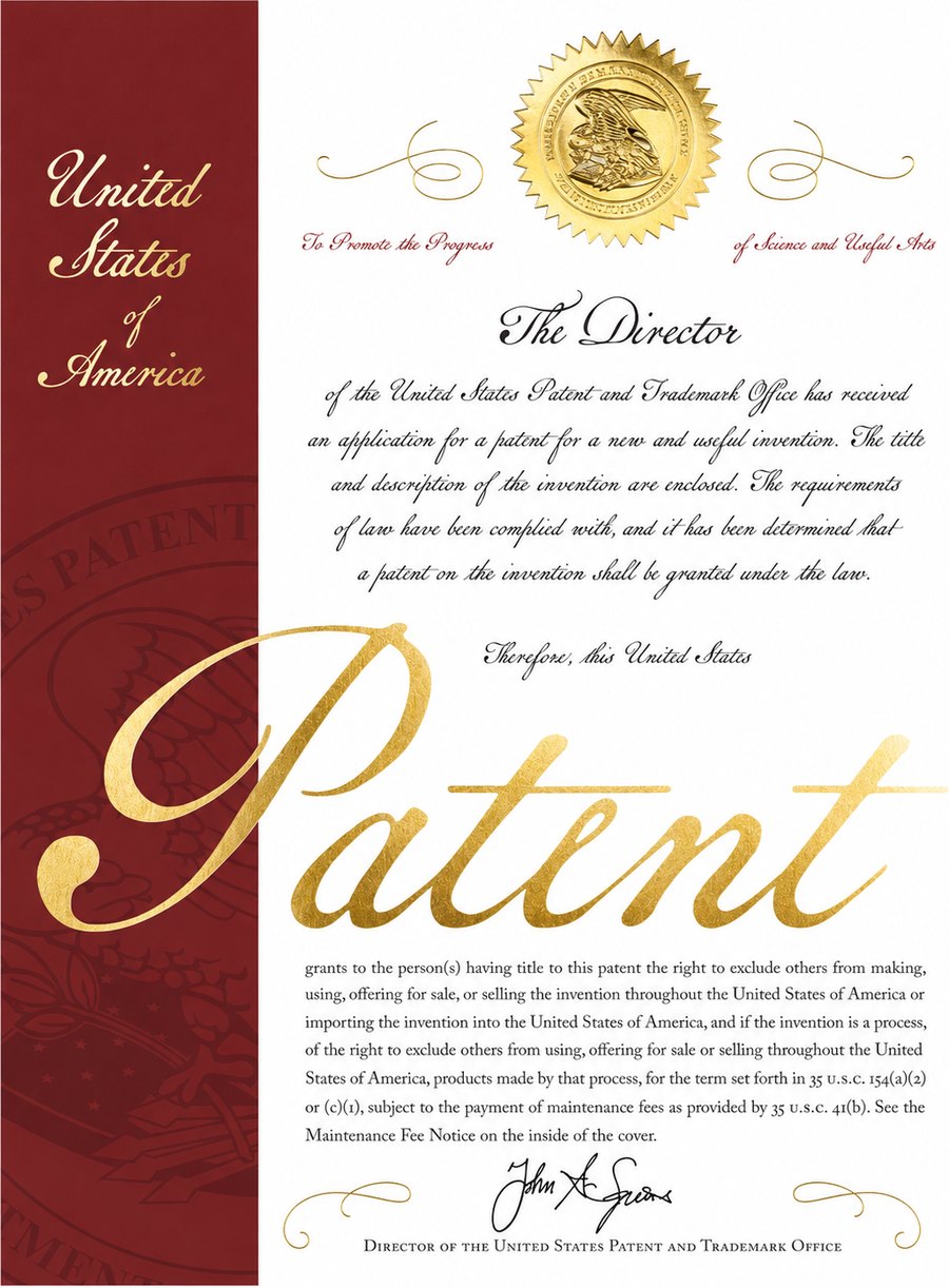 Certificate of grant issued by the United States Patent and Trademark Office
