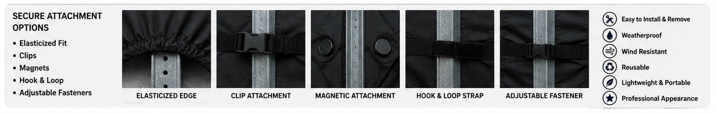 Secure attachment options shown close up: elasticized edge, clip attachment, magnetic attachment, hook and loop strap, adjustable fastener.