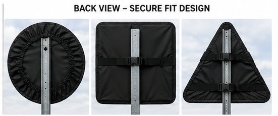 Back view of round, square and triangular covers showing the elasticized gather and strap across the post.