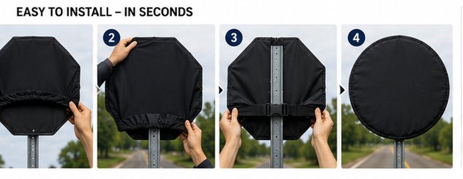 Four-step install sequence: stretch the cover over the sign, seat it, secure the strap, done.