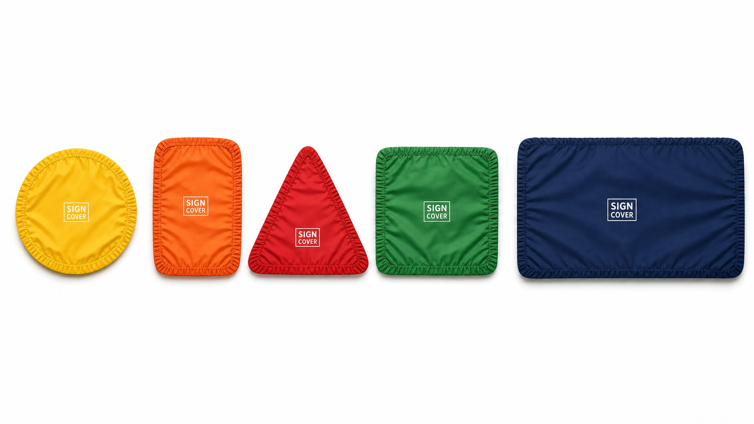 The Smart Sign Cover product line in yellow, orange, red, green and navy.