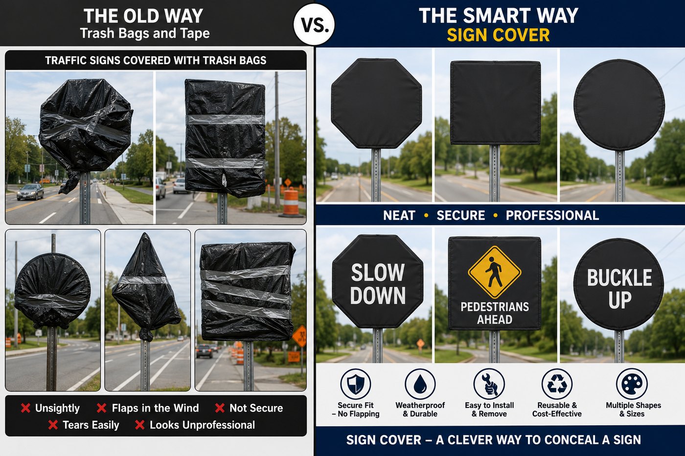 Comparison: traffic signs covered with trash bags and tape versus fitted covers in octagon, square and round shapes.