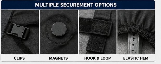 Securement close-ups: clips, magnets, hook and loop, and an elastic hem.
