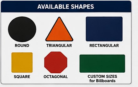 Shape legend: round, triangular, rectangular, square, octagonal, and custom sizes for billboards.