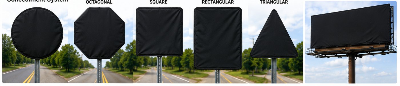 Sign covers fitted to octagonal, square, rectangular and triangular signs, plus a custom billboard cover.
